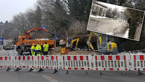 Die Stadtwerke rückten schnell aus und flickten das Loch in der Straße. Zuvor lief ordentlich Wasser auf die Fahrbahn (kleines Bild).