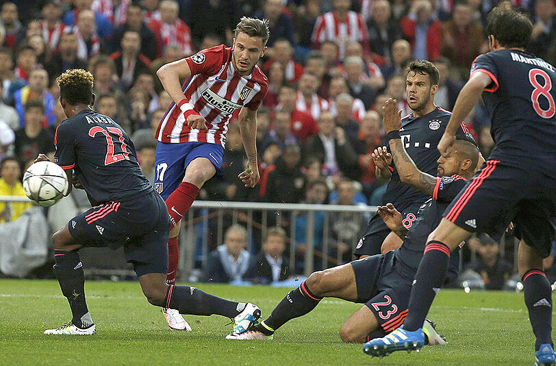 Saul Niguez erzielt das 1:0 gegen den FC Bayern. Diesen Treffer des Atlético-Profis muss der deutsche Rekordmeister im Champions-League-Rückspiel am Dienstag aufholen.