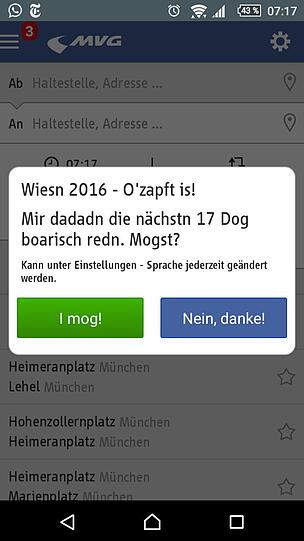 "Auf geht's pack ma's": Die MVG leitet ihre App-User während er Wiesn-Zeit auf bayerisch durch das Münchner Verkehrsnetz.