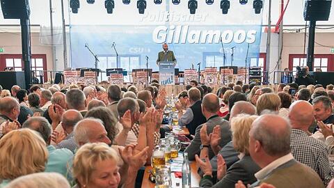 Manfred Weber (CSU) spricht beim Politischen Frühschoppen in Gillamoos auf der Bühne. Foto: Peter Kneffel