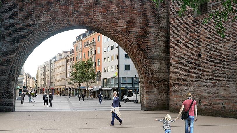 Hier der Blick vom Sendlinger Tor aus in die neue Fußgänerzone. Das neue Pflaster wird durchgehen bis hier her verlegt, um einen Optischen Anschluss zu schaffen.