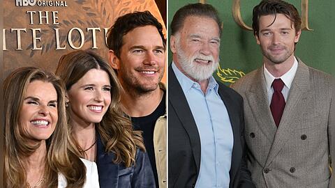 Patrick Schwarzenegger mit seinem berühmten Vater Arnold, seiner Mutter Maria Shriver (l.), seiner Schwester Katherine und seinem Schwager Chris Pratt. Sie alle unterstützten ihn bei der Premiere von "The White Lotus".