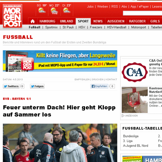 Die "MoPO" stellt die Auseinandersetzung zwischen Matthias Sammer und Jürgen Klopp in den Mittelpunkt ihrer Schlagzeile.