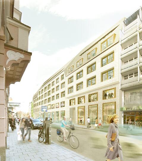 So präsemntiert sich das neue Gebäude in der Hohenzollernstraße. Bauherr ist die Development Partner aus Düsseldorf mit Bucher aus München. Den Plan hat das Büro Meili Peter Architekten aus Zürich entworfen.