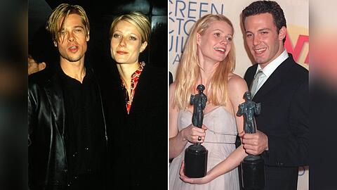 Schauspielerin Gwyneth Paltrow mit ihren Ex-Liebhabern Brad Pitt (l.) und Ben Affleck.