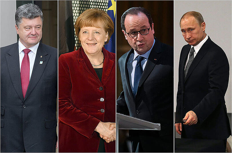 Sorgen sie für eine Lösung des Ukraine-Konflikts und den endgültigen Frieden im Land? Petro Poroschenko, Angela Merkel, Francois Hollande und Waldimir Putin (v.l.).