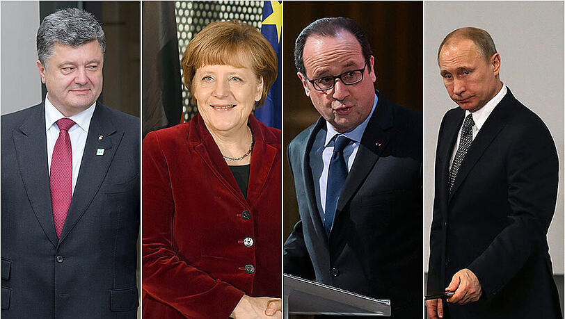 Sorgen sie für eine Lösung des Ukraine-Konflikts und den endgültigen Frieden im Land? Petro Poroschenko, Angela Merkel, Francois Hollande und Waldimir Putin (v.l.). Sorgen sie für eine Lösung des Ukraine-Konflikts und den endgültigen Frieden im Land? Petro Poroschenko, Angela Merkel, Francois Hollande und Waldimir Putin (v.l.).