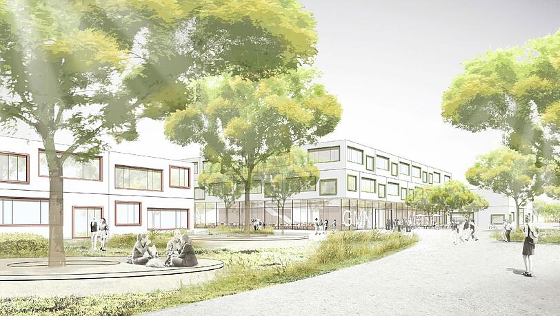 So soll das künftige Gymnasium im Münchner Norden an der Knorrstraße aussehen, Es wird gleichzeitig eine Eliteschule des Sports.