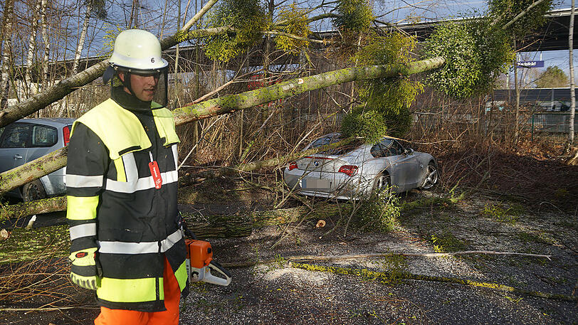 Die Feuerwehr in der Schwabenbächlstraße in Karlsfeld. Hier wurden mehrere Autos von herabstürzenden Bäumen erwischt.