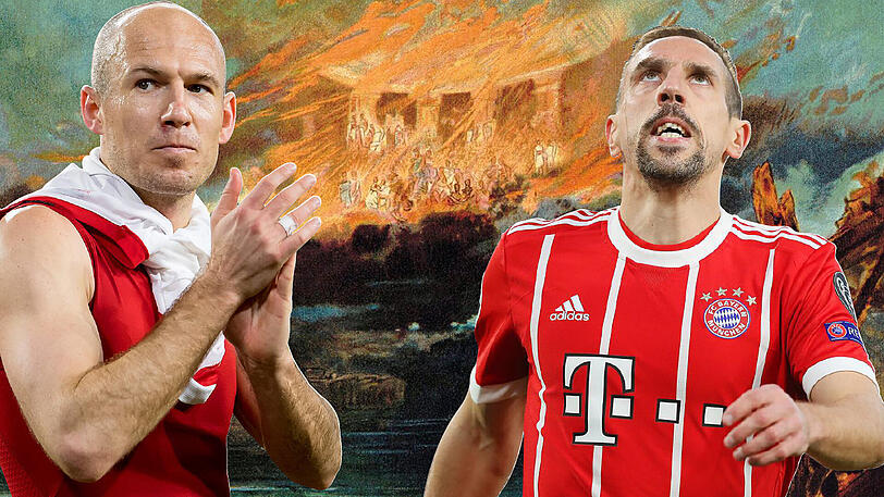 Zwei Legenden des FC Bayern: Arjen Robben (links) und Franck Ribéry. Im Hintergrund: Ein Bühnenbild aus Richard Wagners Götterdämmerung.