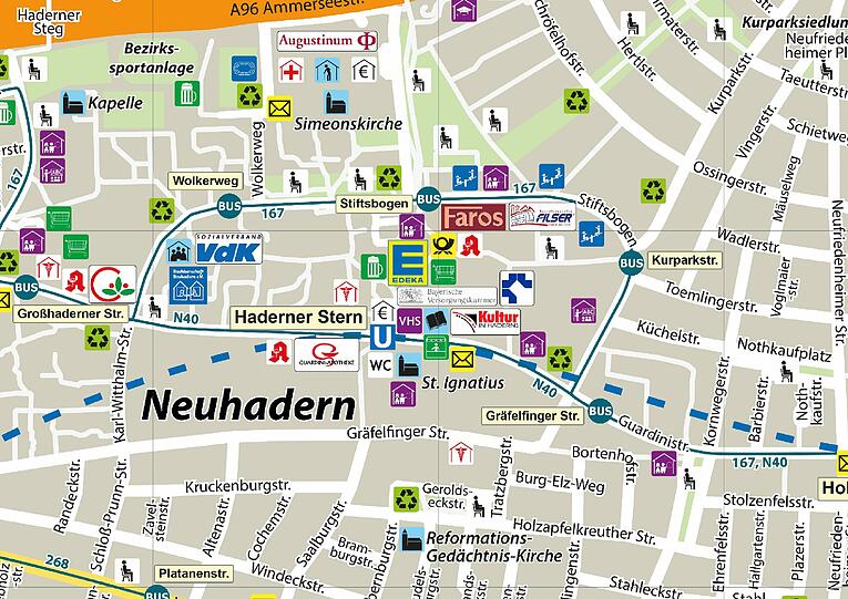 Einkaufsmöglichkeiten, Bushaltestellen und ein Plätzchen zum Durchschnaufen &ndash; der Stadtteilplan für Senioren.