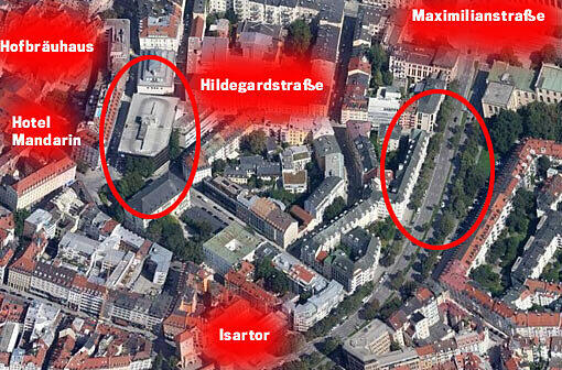 Der Bereich im Überblick: Links oben sieht man den großen Parkhausblock (Kreis), gegenüber vom Mandarin. Rechts der Thomas-Wimmer-Ring, wo (roter Kreis) eine Tiefgarage mit 520 Plätzen gebaut wird.