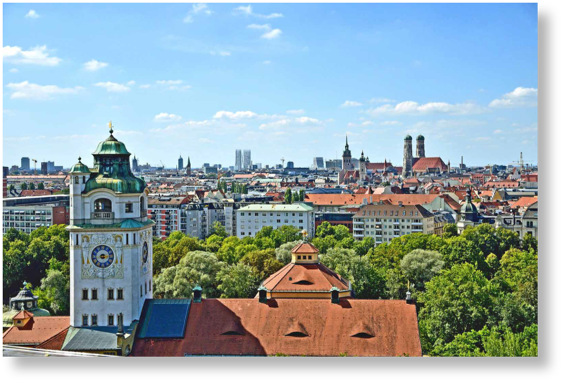 Die Zukunft, vom Gasteig aus gesehen: im Vordergrund das prächtige Müller'sche Volksbad. Am Horizont erheben sich in dieser Simulation die Hochhäuser an der Paketposthalle.