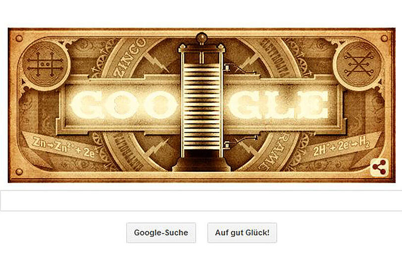 Der Google-Schriftzug hat sich zu Ehren des Italieners Alessandro Volta grundlegend verändert. Aus den bunten Buchstaben wurde ein goldenes Bild mit einer animierten Batterie. Volta ist der Erfinder der Batterie.