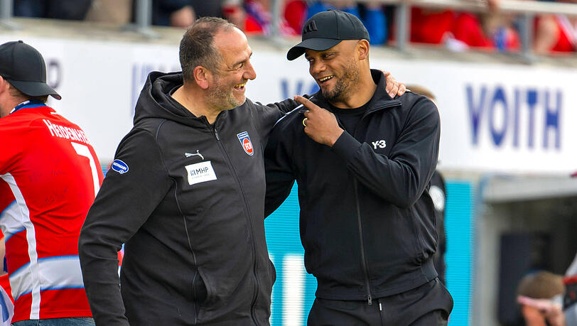 &Auml;rgert er wieder den FC Bayern? Heidenheim-Trainer Frank Schmidt (l.) und der M&uuml;nchner Coach Vincent Kompany.