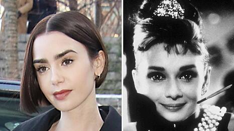Eine gewisse &Auml;hnlichkeit ist nicht von der Hand zu weisen: Lilly Collins (li.) und die ikonische Audrey Hepburn.