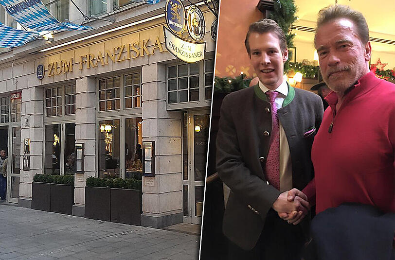 Terminator in München: Arnold Schwarzenegger mit Franziskaner-Wirt Mathias Reinbold (l.).