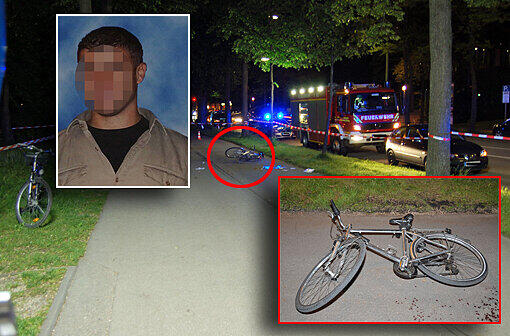 Brutaler Mord an der Isar. Domenico L. (kleines Bild) wird kaltblütig erstochen. Links im Bild: Das Fahrrad seiner Verlobten. Rechts hinten liegt Domenicos Radl am Boden. Daneben Blutspritzer.
