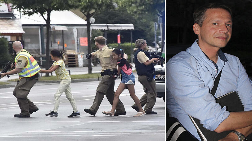 Polizisten bringen Kinder aus der Todeszone. Die Polizei stuft die Situation anfangs als Terrorlage mit mehreren Tätern ein. Erst spät wird klar: Der Täter war allein.