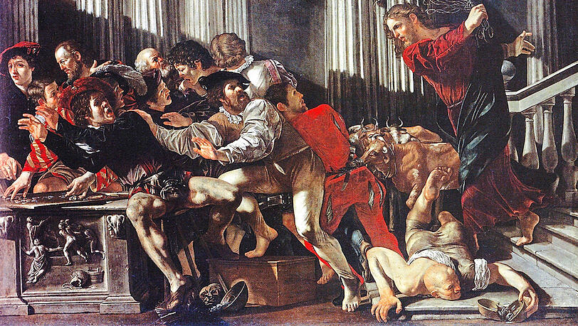 Der streitbare Jesus: Die Vertreibung der Händler aus dem Tempel in einem Gemälde von Francesco Boneri, genannt Cecco del Caravaggio (Rom 1602/03 bis 1620). Der streitbare Jesus: Die Vertreibung der Händler aus dem Tempel in einem Gemälde von Francesco Boneri, genannt Cecco del Caravaggio (Rom 1602/03 bis 1620).