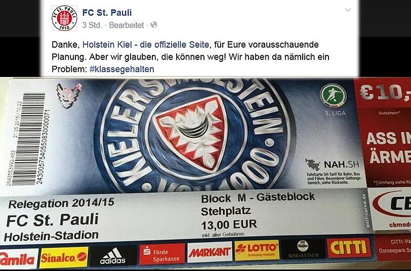 St. Pauli bedankt bei Holstein Kiel für die vorausschauende Planung für dieses Ticketdesign