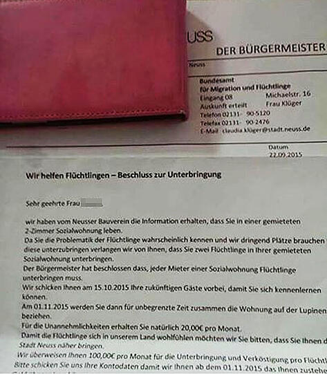 Bewohner von Neusser Sozialwohnung müssen Flüchtlinge aufnehmen? Nein, das Schreiben ist eine Fälschung.