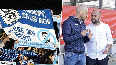 Protest gegen den umstrittenen Investor Hasan Ismaik (li.), die beiden Löwen-Geschäftsführer Günther Gorenzel (li.) und Michael Scharold.