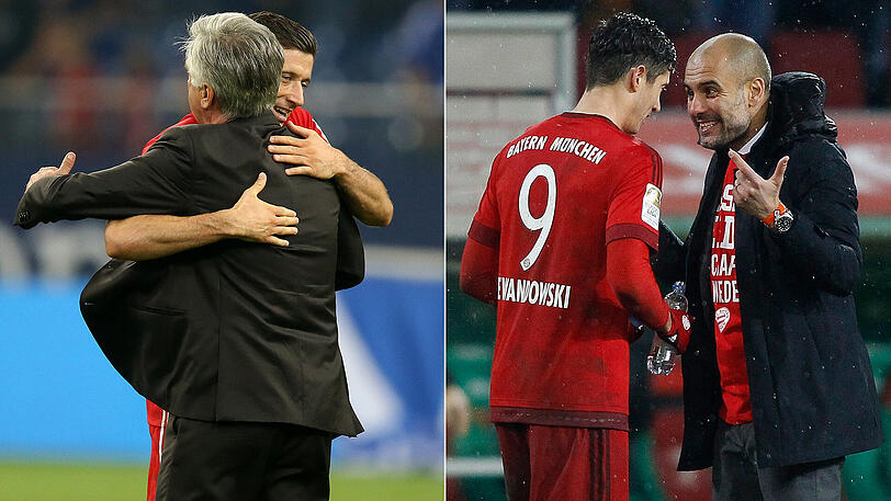 Bayern-Stürmer Robert Lewandowski im September auf Schalke mit Trainer Carlo Ancelotti - und im Februar 2016 in Augsburg mit Trainer Pep Guardiola.
