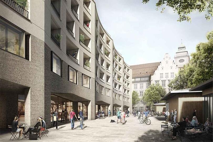 Und so soll es 2024 dann fertig aussehen. Links im Bild der Neubau mit Läden, darüber Büros und Wohnungen, rechts der neue Elisabethmarkt.