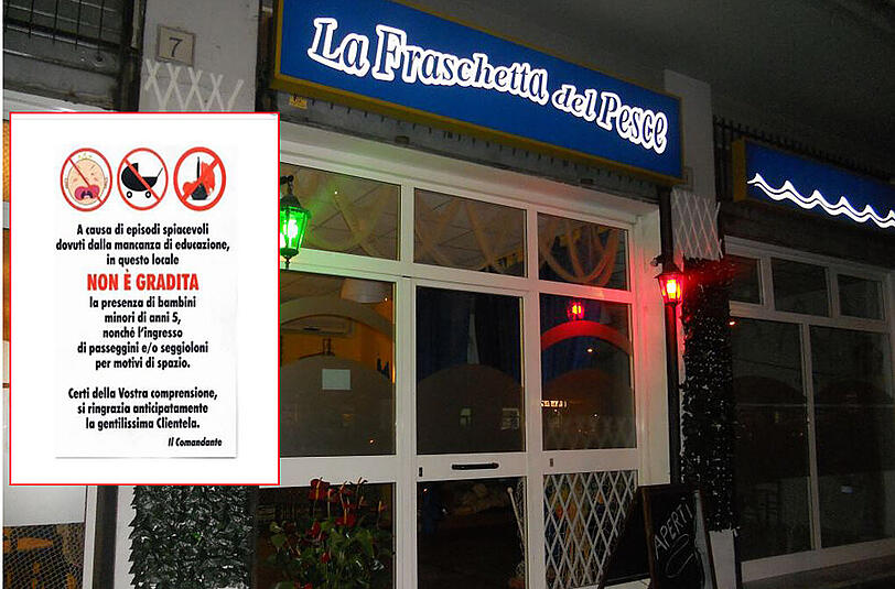 Das Fischlokal &bdquo;La Fraschetta del Pesce&ldquo; in Rom sorgt derzeit für Wirbel. Auf einem Zettel am Eingang (kl. Bild) steht: Kinder unter fünf Jahren nicht erwünscht.