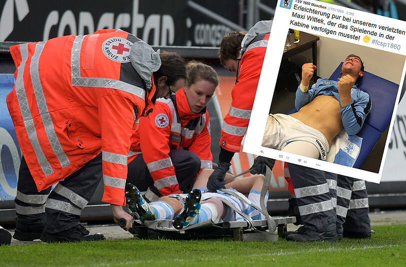 Verletzt, aber glücklich: Maxi Wittek feiert den Erfolg seiner Löwen aus der Kabine.