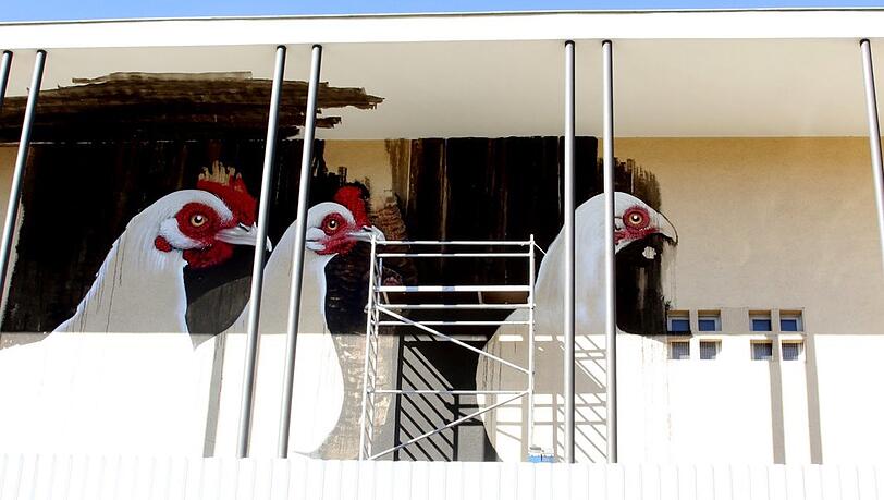 An die Außenwand der Perle malt der Laimer Urban-Art-Künstler Matthias Mross gerade ein riesiges Hühner-Mural – sieben Hühner werden es, erklärt Sarah Karuga vom Mucbook Clubhaus. An die Außenwand der Perle malt der Laimer Urban-Art-Künstler Matthias Mross gerade ein riesiges Hühner-Mural – sieben Hühner werden es, erklärt Sarah Karuga vom Mucbook Clubhaus.