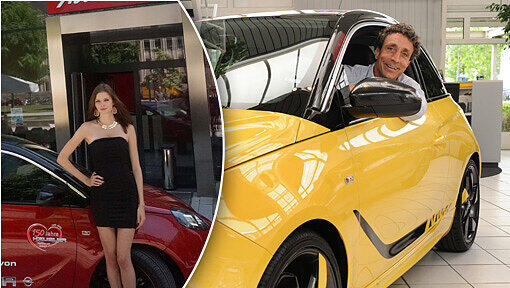 Vorjahres-Gewinnerin Katrin mit dem Opel und Auto-Häusler-Verkaufsleiter Peter Fischer in einem gelb-schwarzen Opel Adam. Vorjahres-Gewinnerin Katrin mit dem Opel und Auto-Häusler-Verkaufsleiter Peter Fischer in einem gelb-schwarzen Opel Adam.