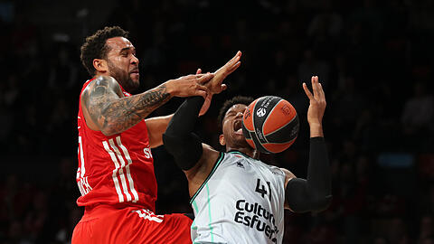 Defensivwucht: Die Bayern um Elias Harris (l.) nehmen Panathinaikos aus dem Spiel und ziehen in der Tabelle vorbei.