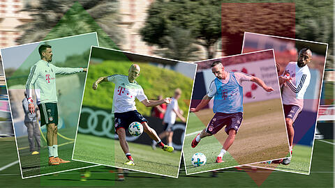 Sandro Wagner (l.) und Arjen Robben (2.v.l.) gehören zu den Gewinnern des Doha-Trainingslagers. Franck Ribéry (2.v.r.) und Arturo Vidal (r.) zu den Verlierern.