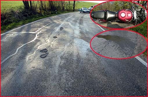 Ein Motorradfahrer rutscht auf diesem Ölfleck aus und verunglückt tödlich.