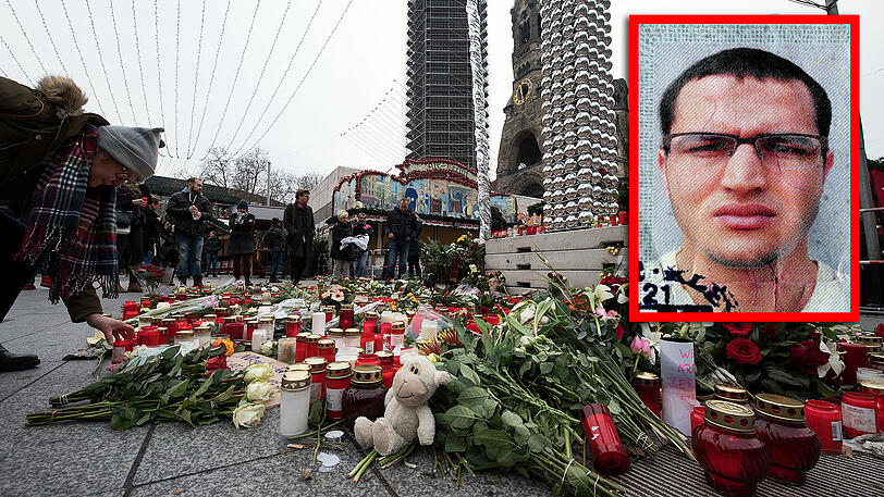 Die Wunde im Herzen der Hauptstadt: Am Anschlagsort vor der Gedächtniskirche in Berlin haben Trauernde Blumen angelegt und Kerzen aufgestellt. Anis Mari (kleines Bild) soll den Anschlag verübt haben.