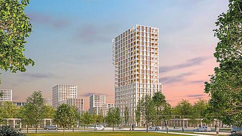 Helle, hohe Häuser: So sieht die aktuelle Planung für das Areal der Bayernkaserne in München aus. Ein großer Teil des neuen Quartiers mit rund
5.500 Wohnungen für bis zu 15.000 Menschen ist für Genossenschaften vorgesehen.