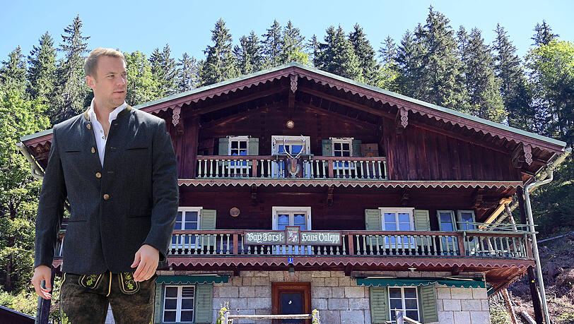 Manuel Neuer vor dem Forsthaus Valepp (Montage).