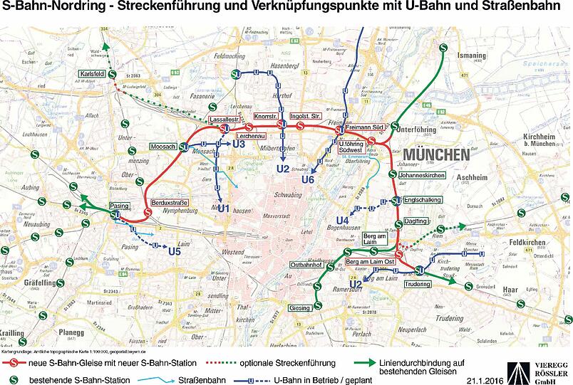 So könnte der S-Bahn Nordring laut Planungsbüro aussehen: Rot die geplante neue Strecke mit den neuen S-Bahnhöfen, in Grün der derzeitige Bestand.