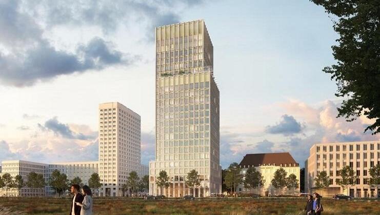 Zukunftsvision: Front an der Moosacher Straße mit H2-Hotel, Büroturm, Knorr-Bremse-Sitz und Mo'ander.