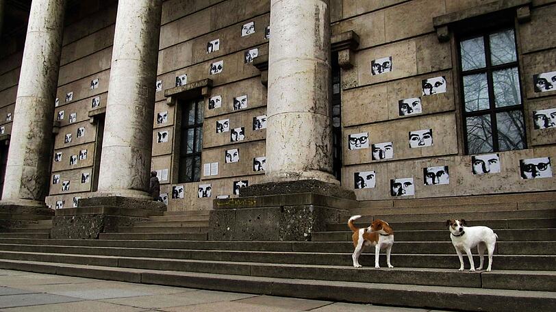AZ-Leser Christian Augustin fotografierte seine Hunde Dot & Alfons vor dem Haus der Kunst.