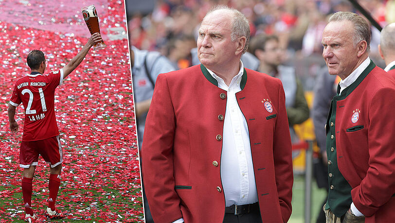 Freuen sich auf den Transfermarkt: Bayern-Bosse Uli Hoeneß und Karl-Heinz Rummenigge, die am Samstag Philipp Lahm verabschieden mussten. Freuen sich auf den Transfermarkt: Bayern-Bosse Uli Hoeneß und Karl-Heinz Rummenigge, die am Samstag Philipp Lahm verabschieden mussten.