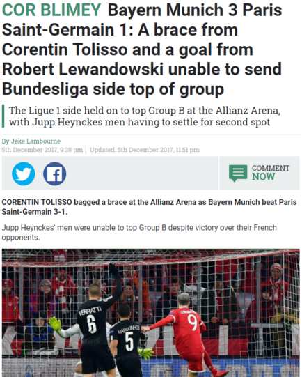 Die "Sun" stört sich ebenfalls am gescheiterten Gruppensieg: "Ein Doppelpack von Corentin Tolisso und ein Tor von Robert Lewandowski reichen nicht, um den Bundesligisten an die Gruppenspitze zu bringen." Im Hinspiel, das Paris Saint-Germain 3:0 gewann, hörten sich die Stimmen der Presse noch ganz anders an ...
