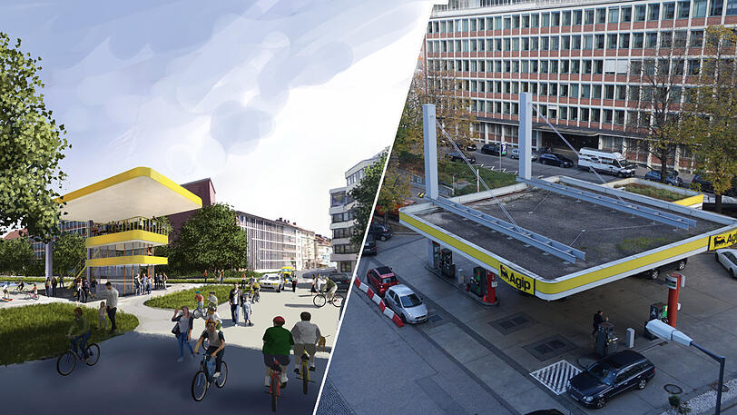 Links: So stellt sich die CSU den Platz vor, an dem momentan die Agip-Tankstelle dominiert.