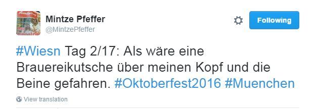 Unsere über-die-Theresienwiese-rasende Reporterin Jasmin Menrad hatte gestern einen vollgepackten Arbeitstag. Mit ihrem Kopf ist sie dabei offenbar unter die Räder eines fiktiven Brauereigespanns gekommen. Gute Besserung, Jasmin. Des werd scho wieder.