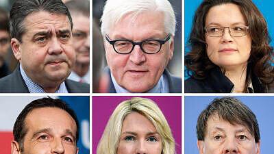 Sigmar Gabriel (oben l-r), Frank-Walter Steinmeier, Andrea Nahles, Heiko Maas (unten l-r), Manuela Schwesig und Barbara Hendricks.
