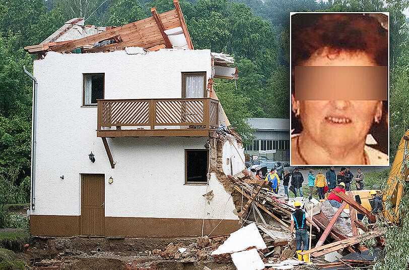 In diesem Haus ist die 80-jährige Frieda Z. (kleines Bild) ums Leben gekommen. Binnen Sekunden haben die Fluten ihr Haus halb mitgerissen. Ihre Leiche wird später an einem Baumstamm in einem Bach entdeckt.