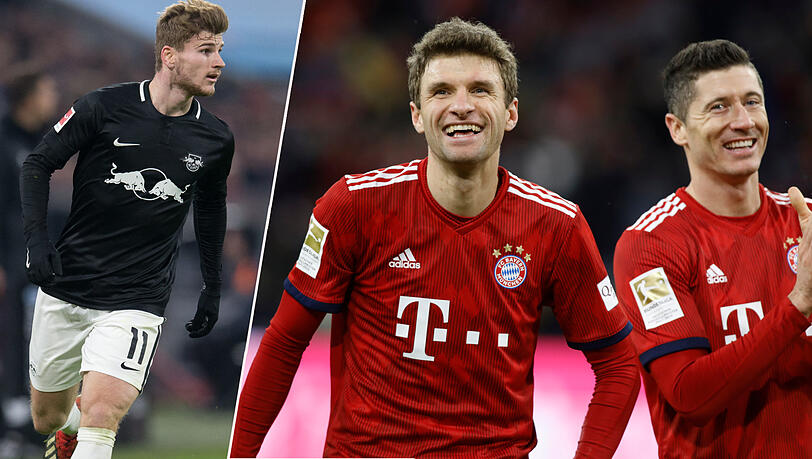 Gegenwart und Zukunft im Sturm des FC Bayern: Robert Lewandowski und Thomas Müller sowie Timo Werner, der aktuell noch bei RB Leipzig spielt. Gegenwart und Zukunft im Sturm des FC Bayern: Robert Lewandowski und Thomas Müller sowie Timo Werner, der aktuell noch bei RB Leipzig spielt.