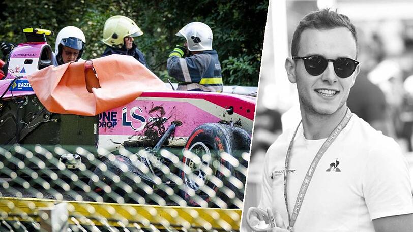 Das Wrack des Rennwagens von Anthoine Hubert nach dem schweren Unfall. Der junge Rennfahrer erlag seinen schweren Verletzungen.